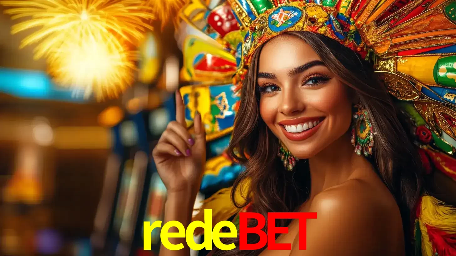 Mulher sorridente com um cocar de carnaval vibrante e colorido, celebrando uma grande vitória nos jogos do cassino redebet com fogos de artifício ao fundo.