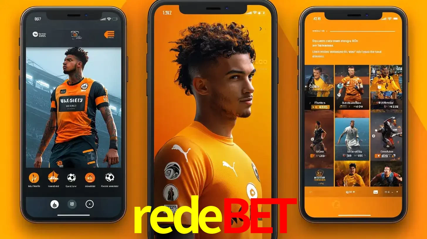 Interface do aplicativo de apostas esportivas redebet em três telas de celular, mostrando o perfil de um jogador de futebol e a lista de jogos disponíveis para apostar.